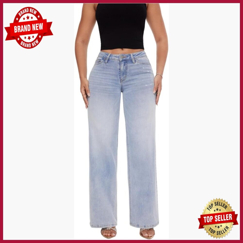 Wide Leg Baggy Jeans Mid-Low Rise Distressed Stretchy Denim Pants